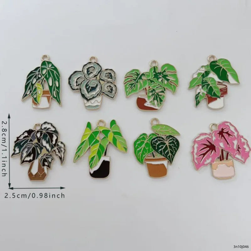 10pcs green succulent potted DIY accessories, banana leaf alloy pendants, keychains, earrings, hair accessories