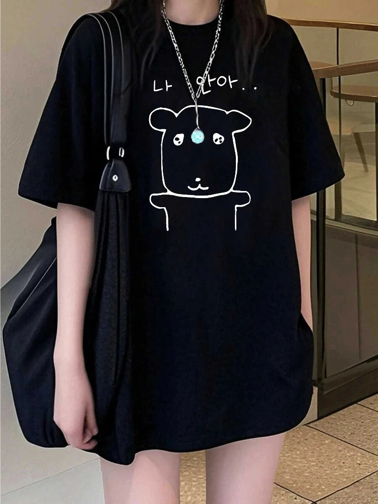 Summer Elegant Women'S Drop Shoulder Round Neck T-Shirt Short Sleeve Japanese and Korean Style Cartoon Puppy Aesthetic Clothes