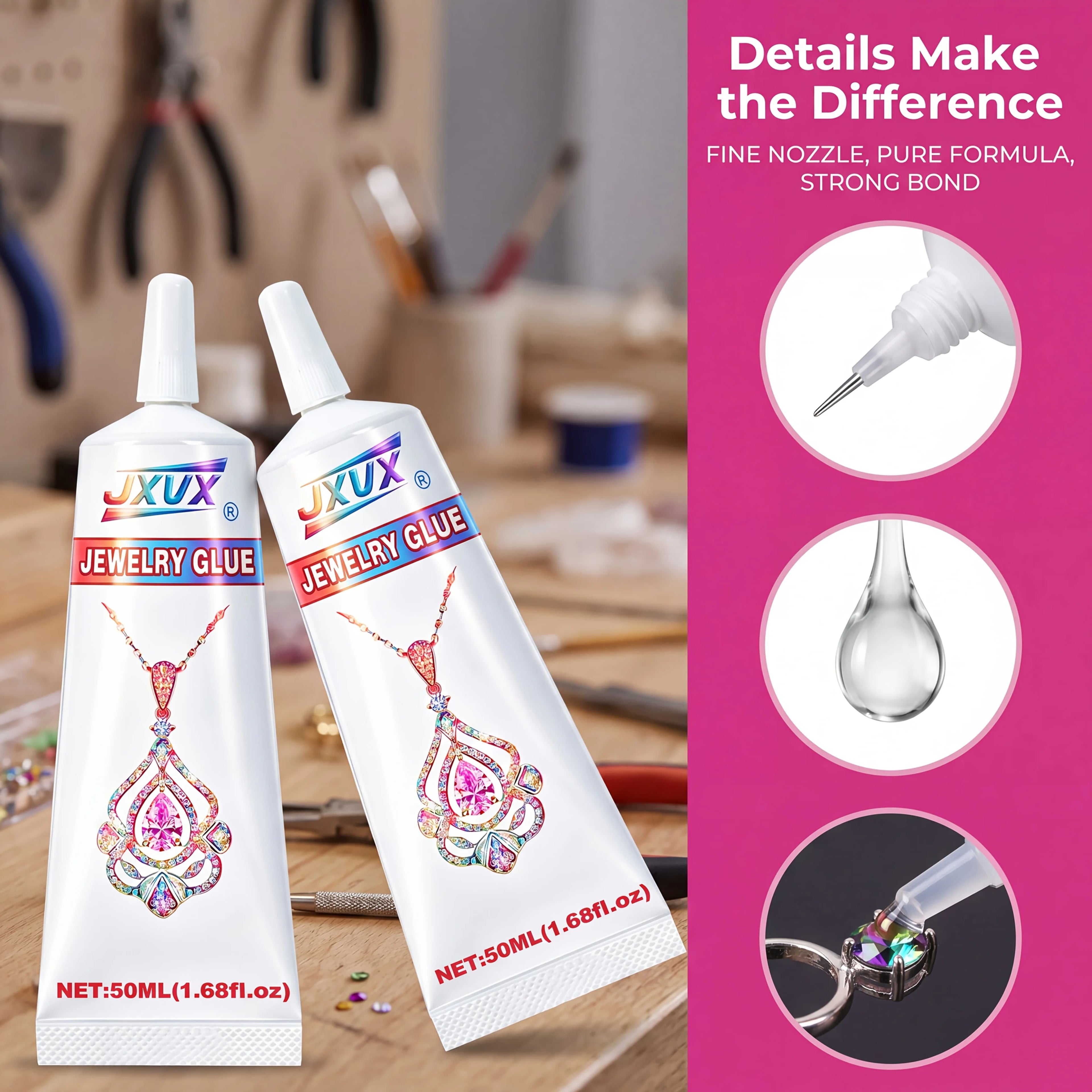 B7000 Jewelry Glue for Making, JXVX 50ML/1.68 fl oz B-7000Multipurpose Super Clear Adhesive for Rhinestone Nail Art Glass