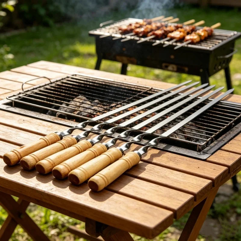 Long Handle BBQ Skewers 55cm Shish Kebab Barbecue Grill Sticks Stainless Steel Wood BBQ Fork Outdoor Daily Cooking Accessories