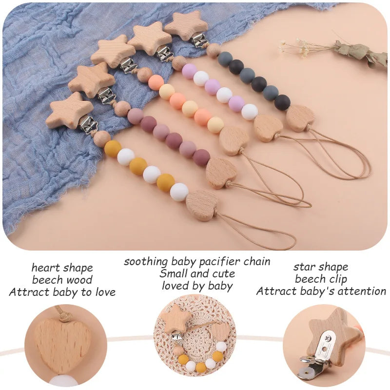 Baby Anti Drop Chain Beech Star Clips Toddles Soothing Teeth Silicone Beads Pacifier Chain Newborn Appease Infant Dummy Holder