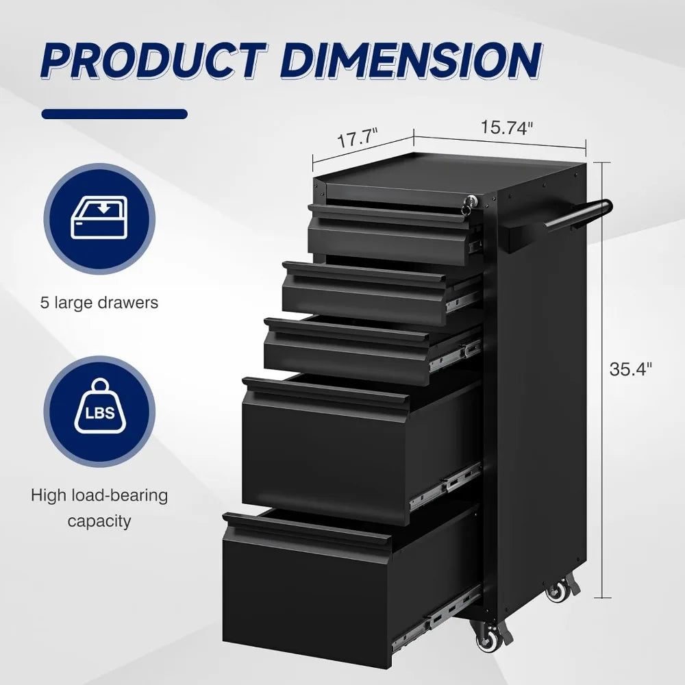 5-Drawer Metal Tool Storage Cabinet with Wheel,Rolling Tool Chest with Drawer and Locking Keys,Heavy Duty Tool Storage Organizer