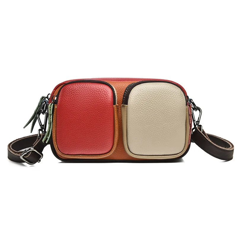 Women's color-blocking, large-capacity single-shoulder bag with top layer cowhide and multi-functional crossbody bag