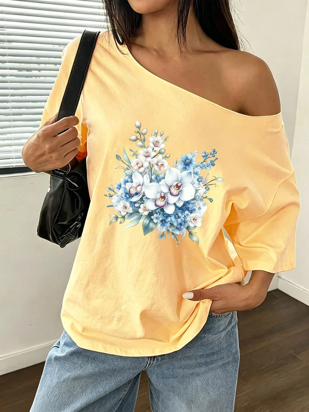 100% Cotton Plus Size Blue White Orchid Floral Print Shoulder Loose Print T-Shirt Oversized Y2K Style Graphic Tees Women Tops