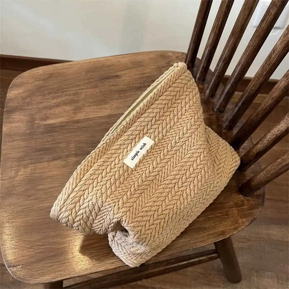 Simple Solid Color Woven Texture Clutch Bag for Woman, Fashion Rice Ear Pattern Large Capacity Makeup Bag, Portable Storage Bag