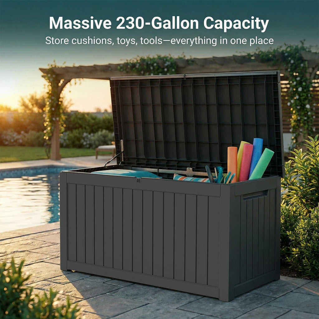 230 Gallon Heavy-Duty Resin Outdoor Storage Box, Wood Grain Patio, Garden & Pool Deck Organizer for Sports Gear, Yard Tools, Throw Pillows | Sturdy Plastic Construction, Multi-Purpose Use, Patio Storage Box, Classic Design, D