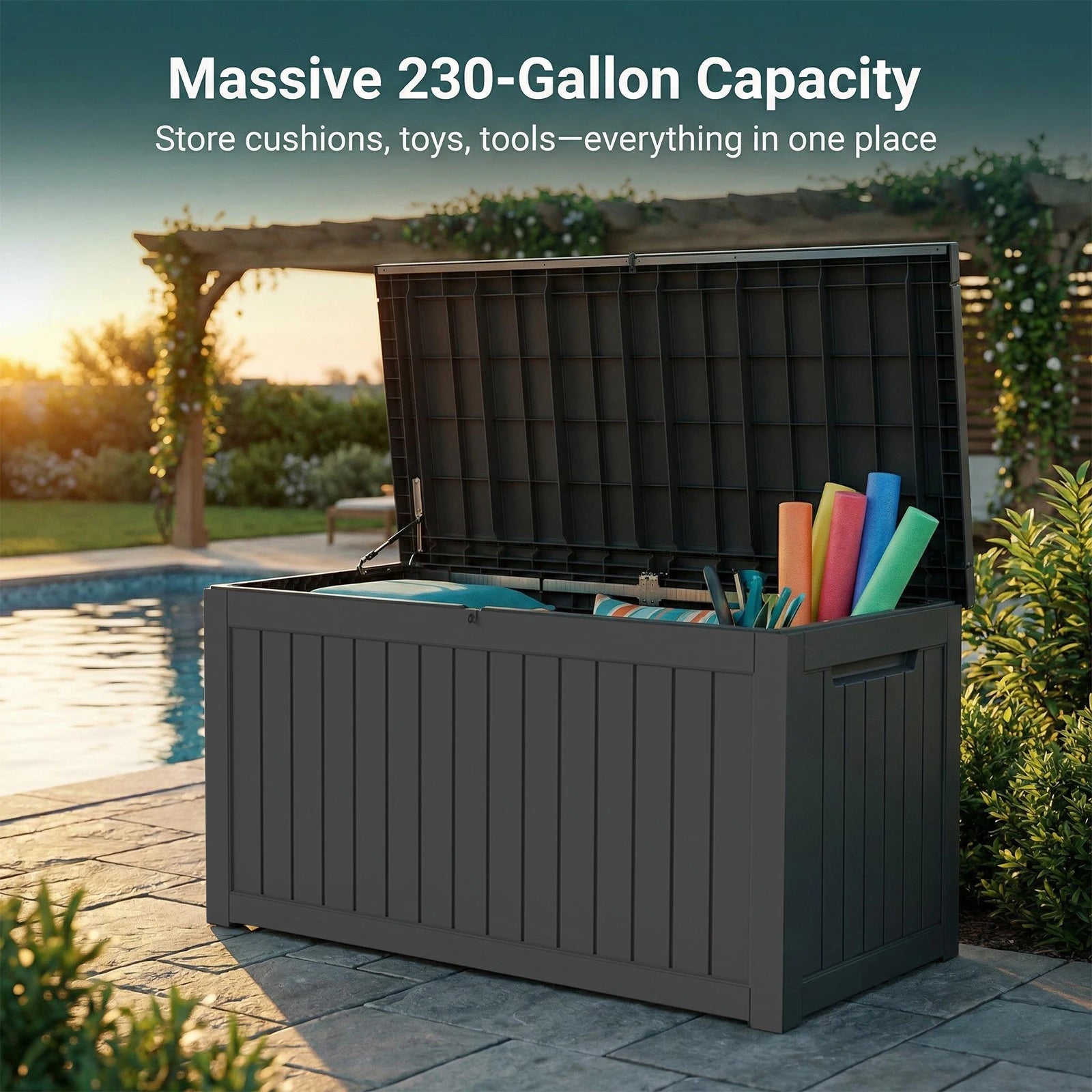 230 Gallon Heavy-Duty Resin Outdoor Storage Box, Wood Grain Patio, Garden & Pool Deck Organizer for Sports Gear, Yard Tools, Throw Pillows | Sturdy Plastic Construction, Multi-Purpose Use, Patio Storage Box, Classic Design, D