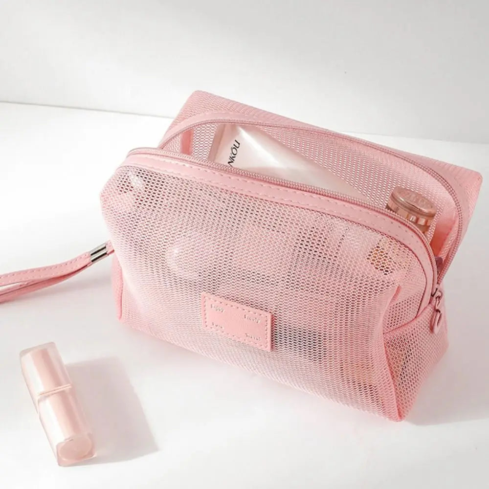 Portable Mesh Handheld Makeup Bag Square Lightweight Storage Toiletry Bag Zipper Large Capacity Transparent Mesh Cosmetic Bag