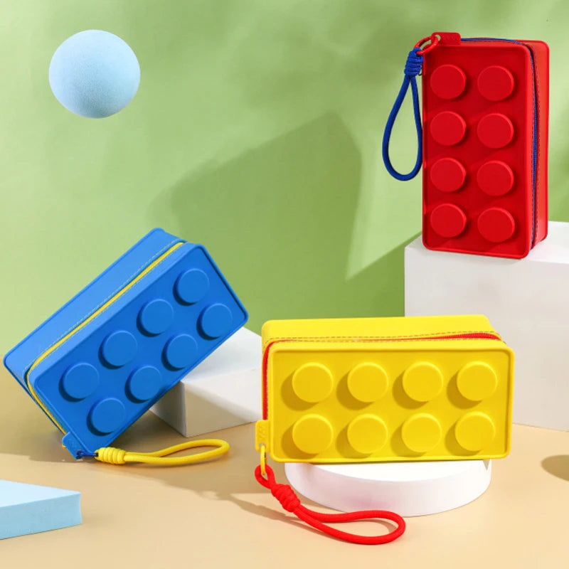 Fashion Color Handbag Building Block Shape Stationery Bag Miscellaneous Storage Bag with Lanyard Zippered Cosmetic Toiletry Bag