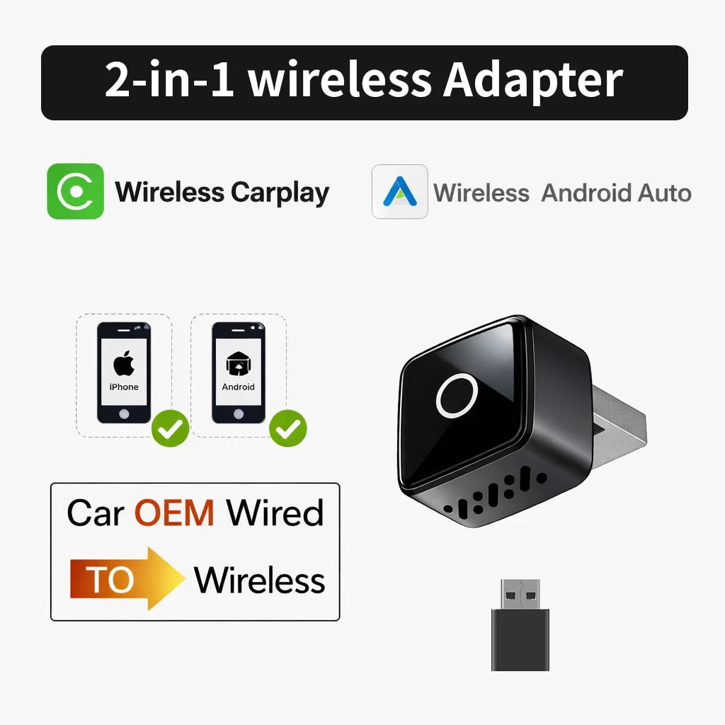 2026 Upgraded 2-in-1 Wireless CarPlay & Android Auto Adapter, Type-C Port | Wired to Wireless Dongle | Plug & Play