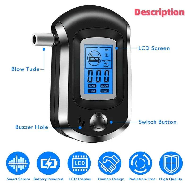 English Digital Alcohol Detector AT6000 Portable Mini Blowing Nozzle for Automotive Home Drunk Driving Detection