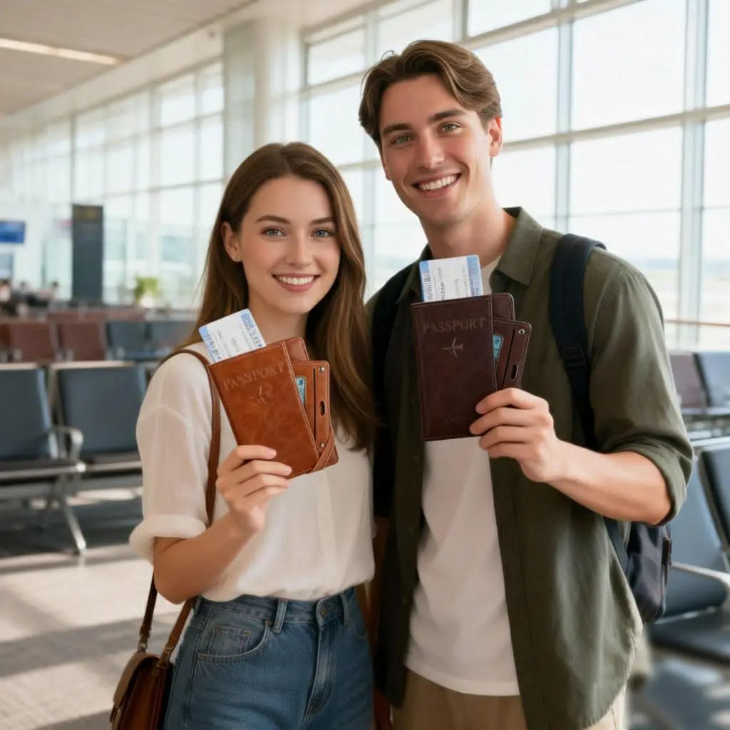 Men Women Leather Passport Holder Cover RFID Blocking Travel Wallet Passport Case with Pen Holder Dual SIM Card Slots