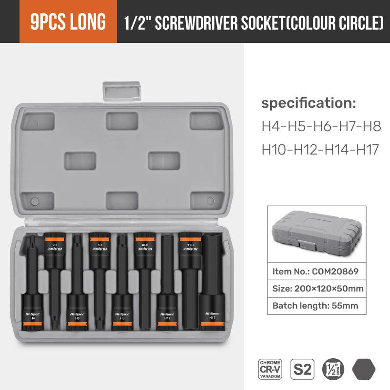 For Auto Repair,Hand Tools Mechanical Workshop Tool Hi-Spec 1/2 Inch Drive Impacts Socket Set Hex Bits H4-H17 CR-V Sockets Set