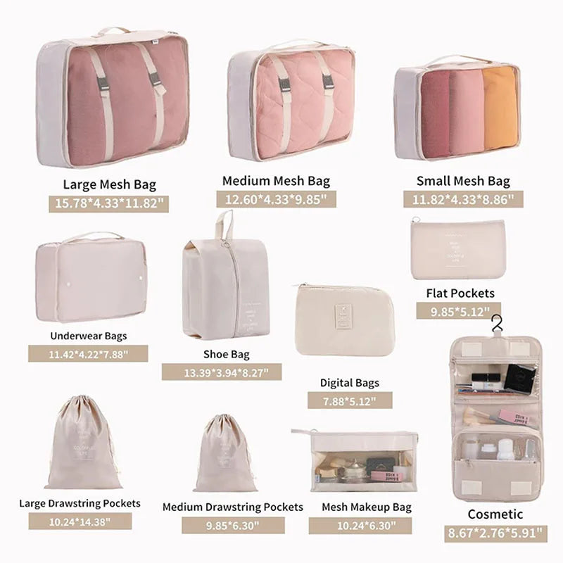 11Pcs Travel Packing Cubes Set Waterproof Luggage Organizer Drawstring Storage Bags for Clothes Shoes Underwear Cosmetic