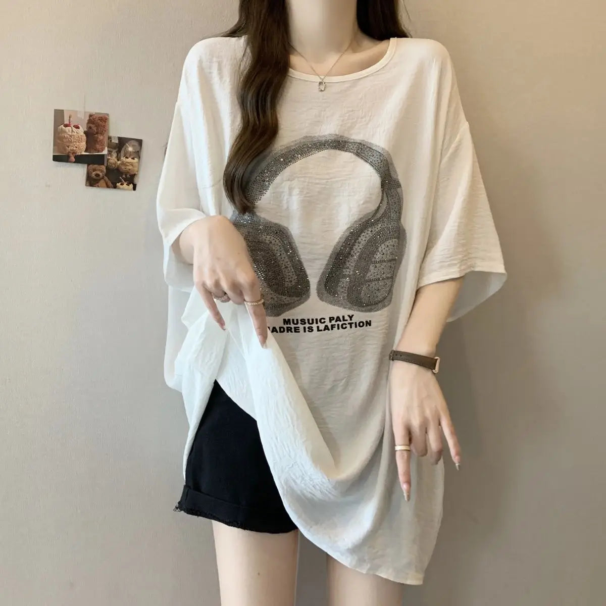 Plus-size women's spring and summer hit loose slimming crinkled ice silk heavy-duty iron-on rhinestone short-sleeve T-shirt