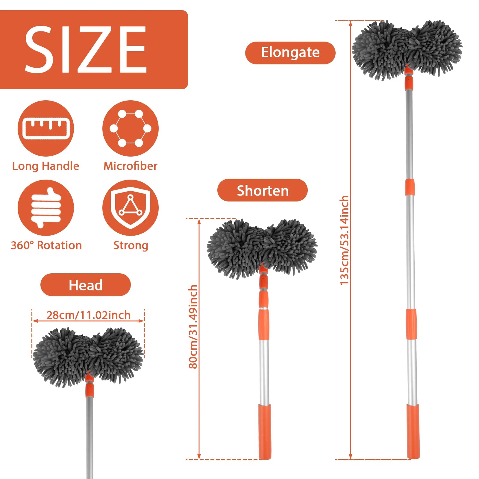 Extendable Microfiber Car Wash Brush Mop Kit with Long Handle 360° Rotating Chenille Car Cleaning Mitt Supplies for Car RV SUV