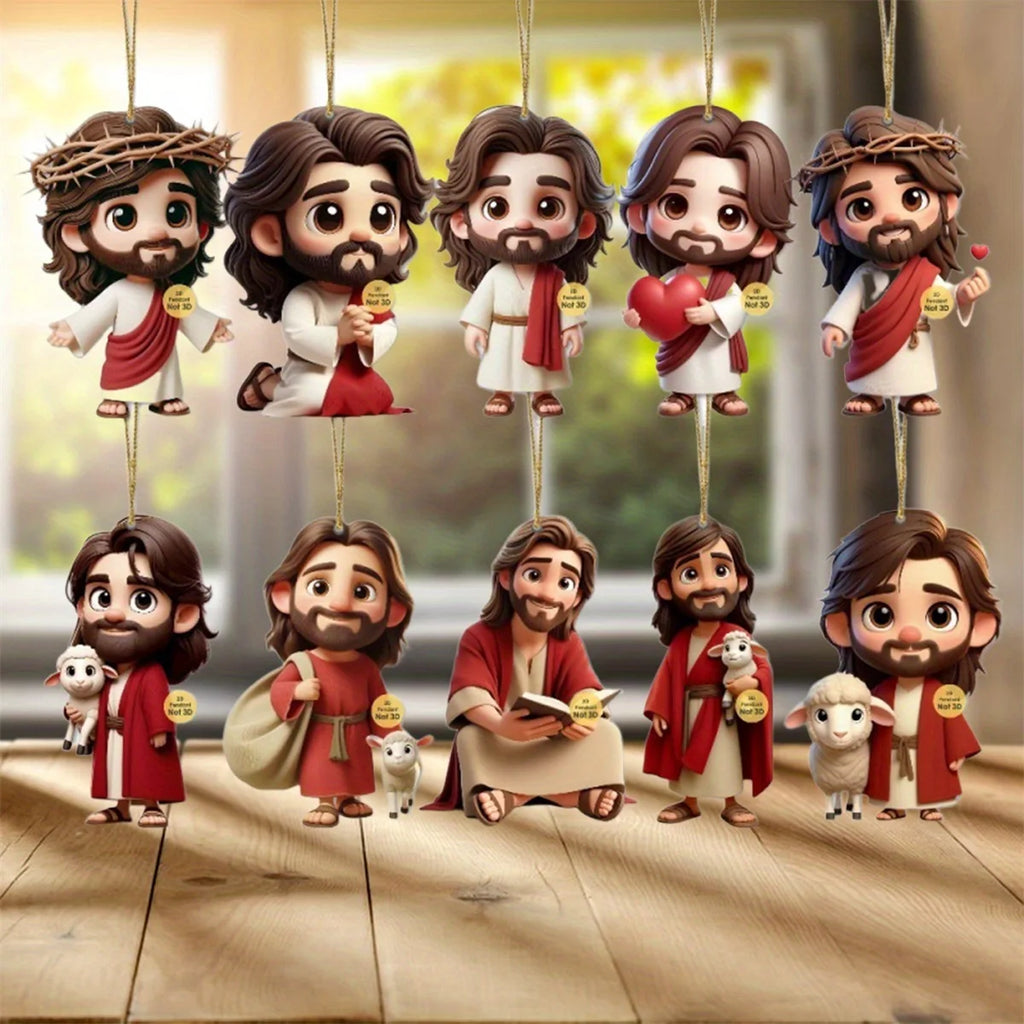 10PCS Jesus Car Ornament 2D Acrylic Jesus Rear View Mirror Accessories Charm Ornament for Backpack Bag Keychain Car Vehicle