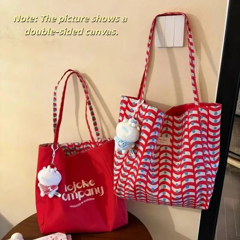 1PCS Korean Style Reversible Canvas Tote Bag Large Capacity Casual Shoulder Bags For Women Student Work Gift Shopping Bags