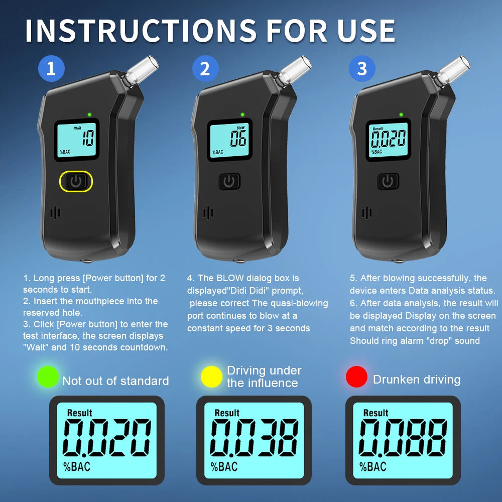 Digital Breath Alcohol Tester LCD Screen Breath Drunk Driving Analyzer Breathalyzer for Drunk Driving Test Use with 5 Mouthpiece