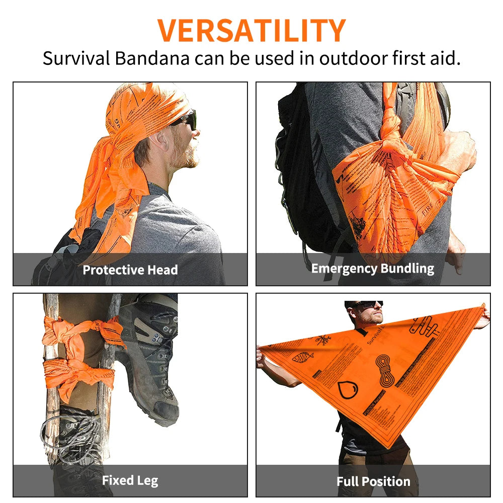 Survival Bandana with Survival Whistle, Easy to Read Tips and High Vis Orange Emergency Kit for Camping, Hiking, Emergency