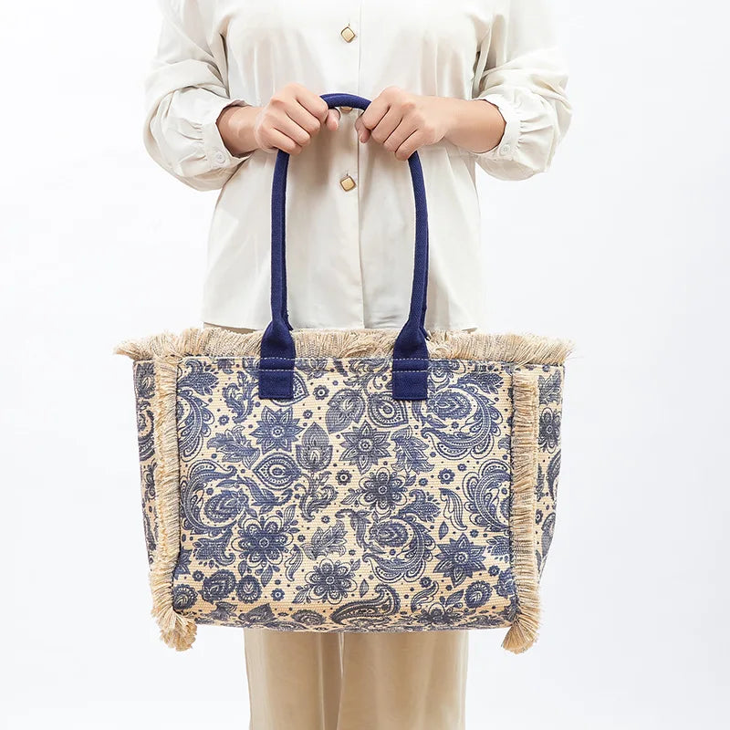 Tote bag Bohemian retro shoulder bag Zipper handbag Large capacity canvas bag Women's summer