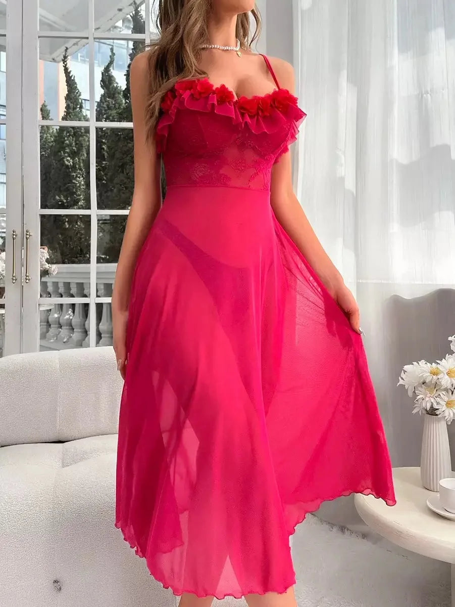 2026 Summer New Style Three-dimensional Lace Pajamas Dress Pure Color Mesh Lace Camisole Nightgown See-through Sexy Lingerie