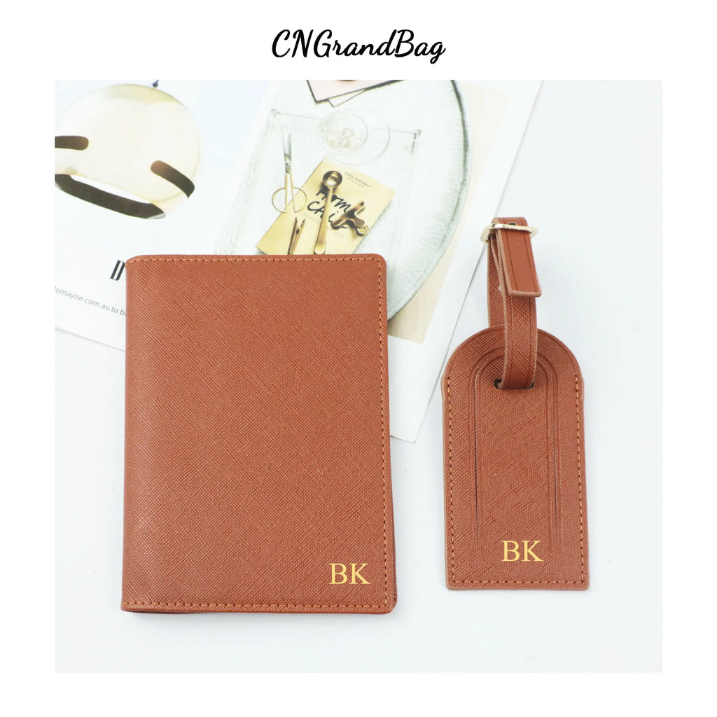 Free Custom Name Travel Passport Holder Luggage Tag Set Saffiano Leather Personalize Letters Gift Passport Cover Suitcase Label