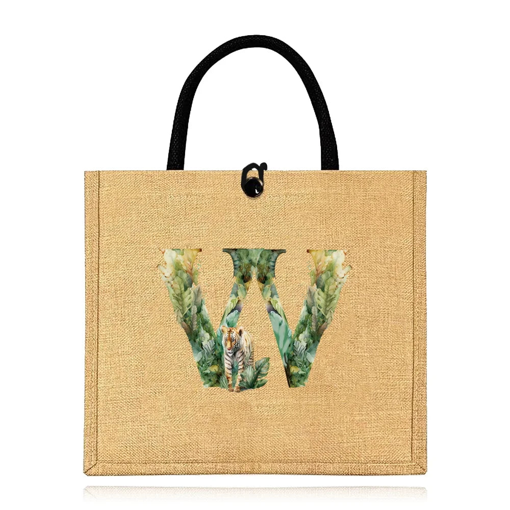 Flax Bag Fastener Handbag Organizer Storage Jute Tote Bags Imitation Cotton Women Valise Portable Jungle Tiger Printing Series