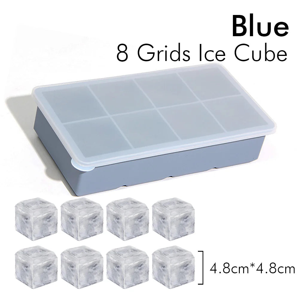 8 Grids Large Ice Cube Tray with Lid Food Grade Silicone Rubber Colorful Square Ice Cube Mold For Cocktail Iced Coffee Kitchen