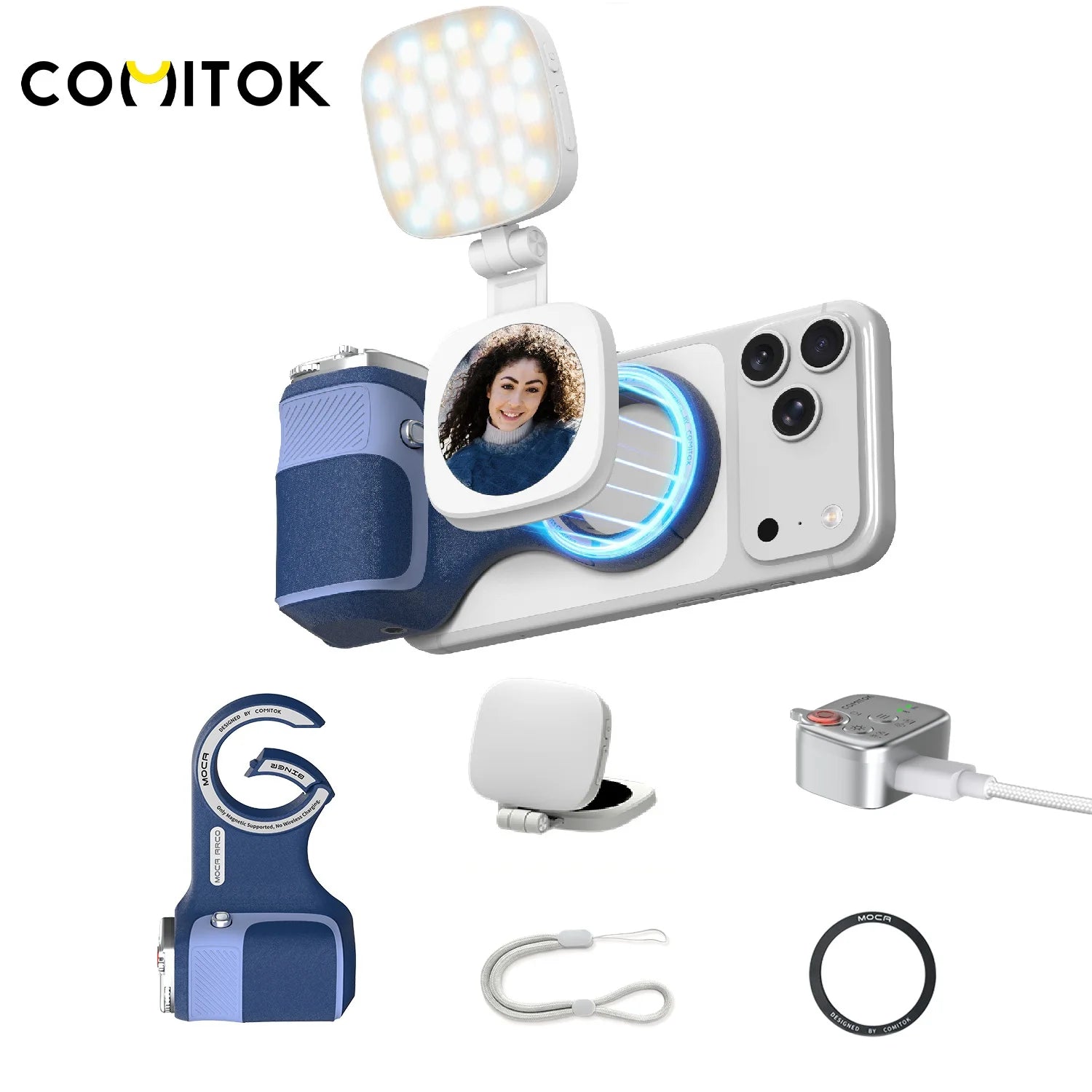 COMITOK ARCO BINER Magnetic Phone Camera Grip with Light for iPhone 17 Detachable Remote Ergonomic Holder for Selfie Vlog Video