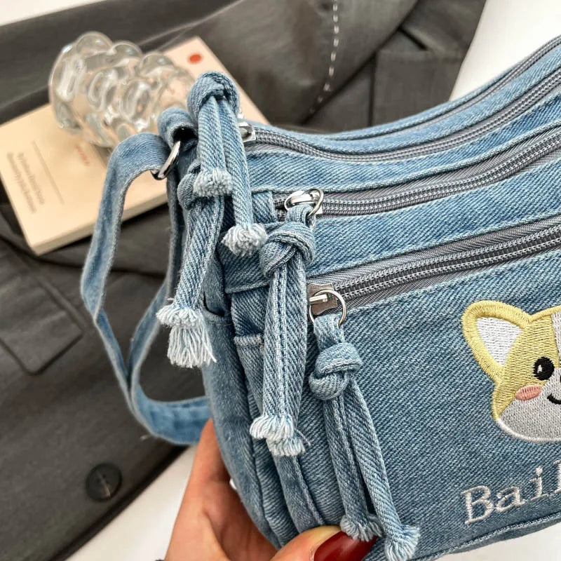 Korean Version Denim Crossbody Bag with Cute Dog Embroidery – Adjustable Strap, Multi-Pocket Small Sling for Women