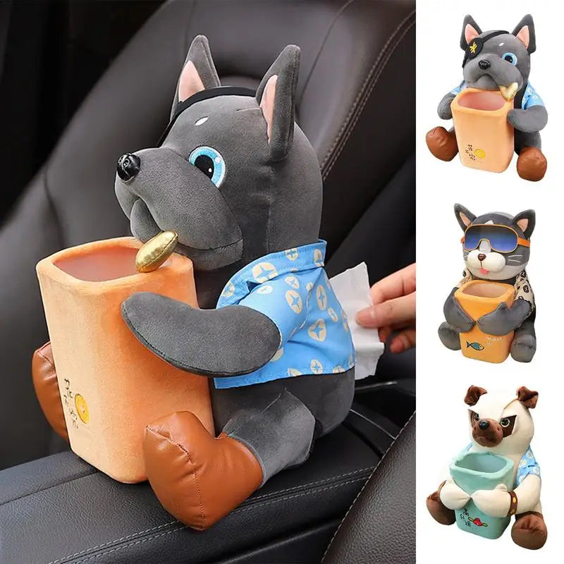 Cartoon Dog Car Tissue Holder With Trash Can 2 In 1 Tissue Box Doggie Car Trash Can Garbage Bag Auto Interior Storage Accessory