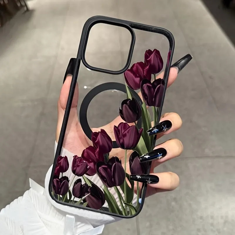 Dark Purple Tulip Magnetic Phone Case For iPhone 18 17 16 15 14 12 11 Pro XS Max XR Air X 16e 17e Clear Magsafe Cover