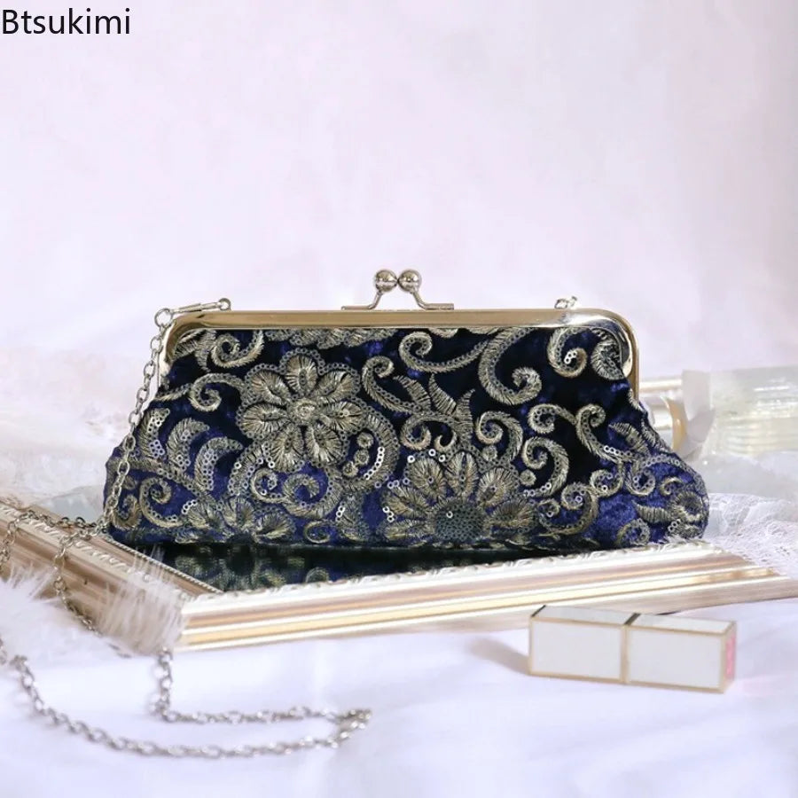 New Women's Velvet Cheongsam Bag Bridal Vintage Dinner Handbags Prom Cocktail Party Evening Bags Embroidered Chain Clutch Purses