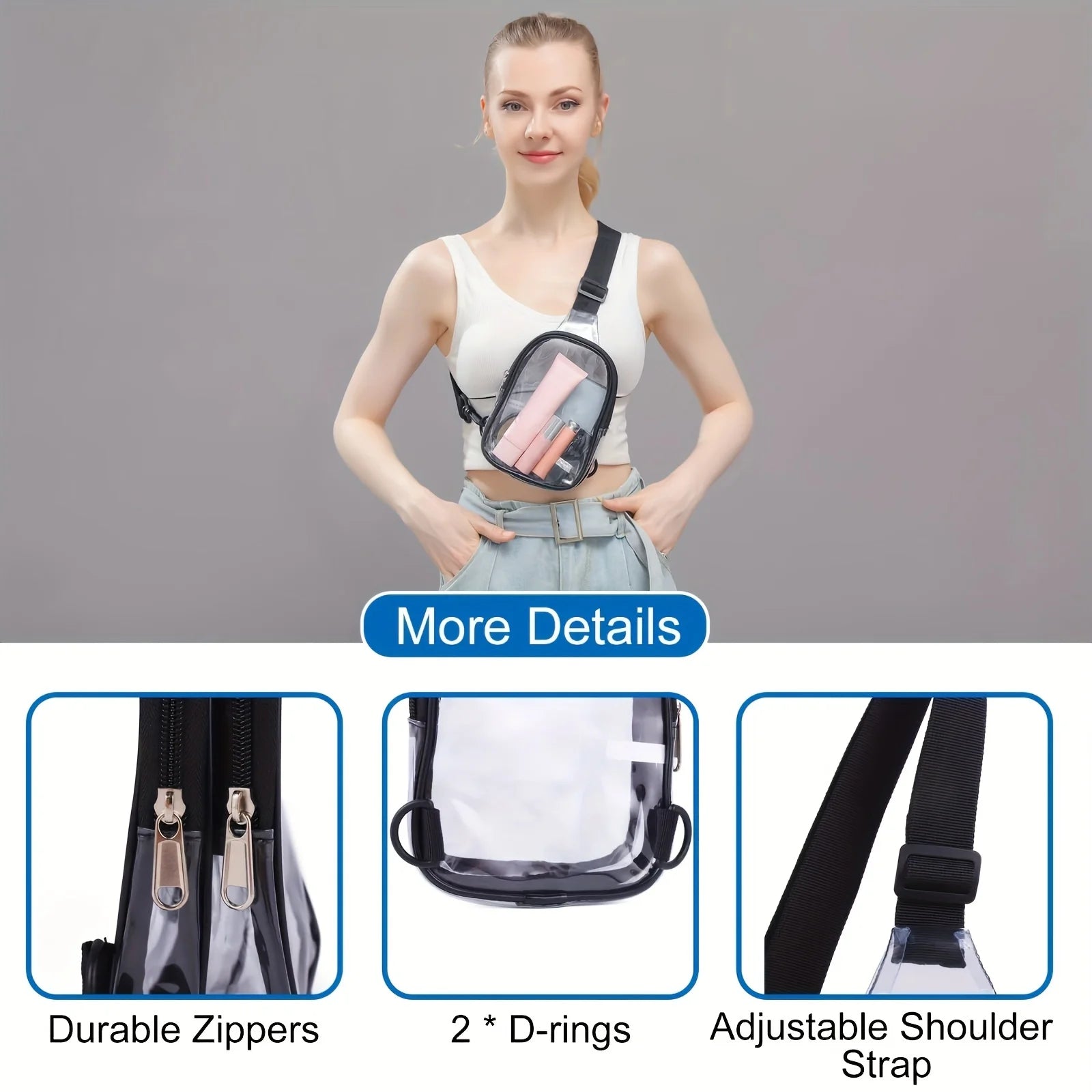 Clear Sling Bag, Clear Fanny Pack Stadium Approved Crossbody Bag Purses for Women Heavy Duty Transparent Chest Bag with Adjustab