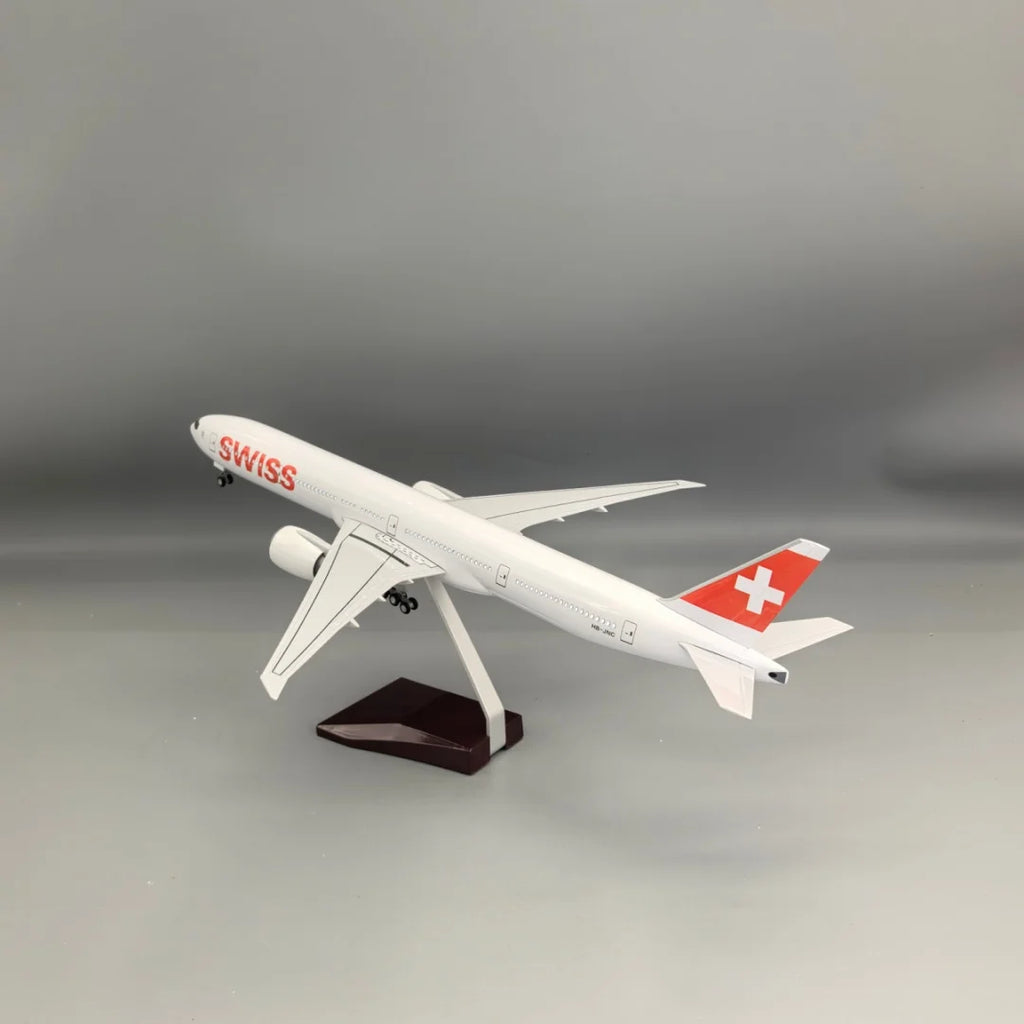 Scale 47cm B777 Swiss Airways Switzerland with Light And Wheels Die-cast Resin Aircraft Model Collectible Display Toy Airplane