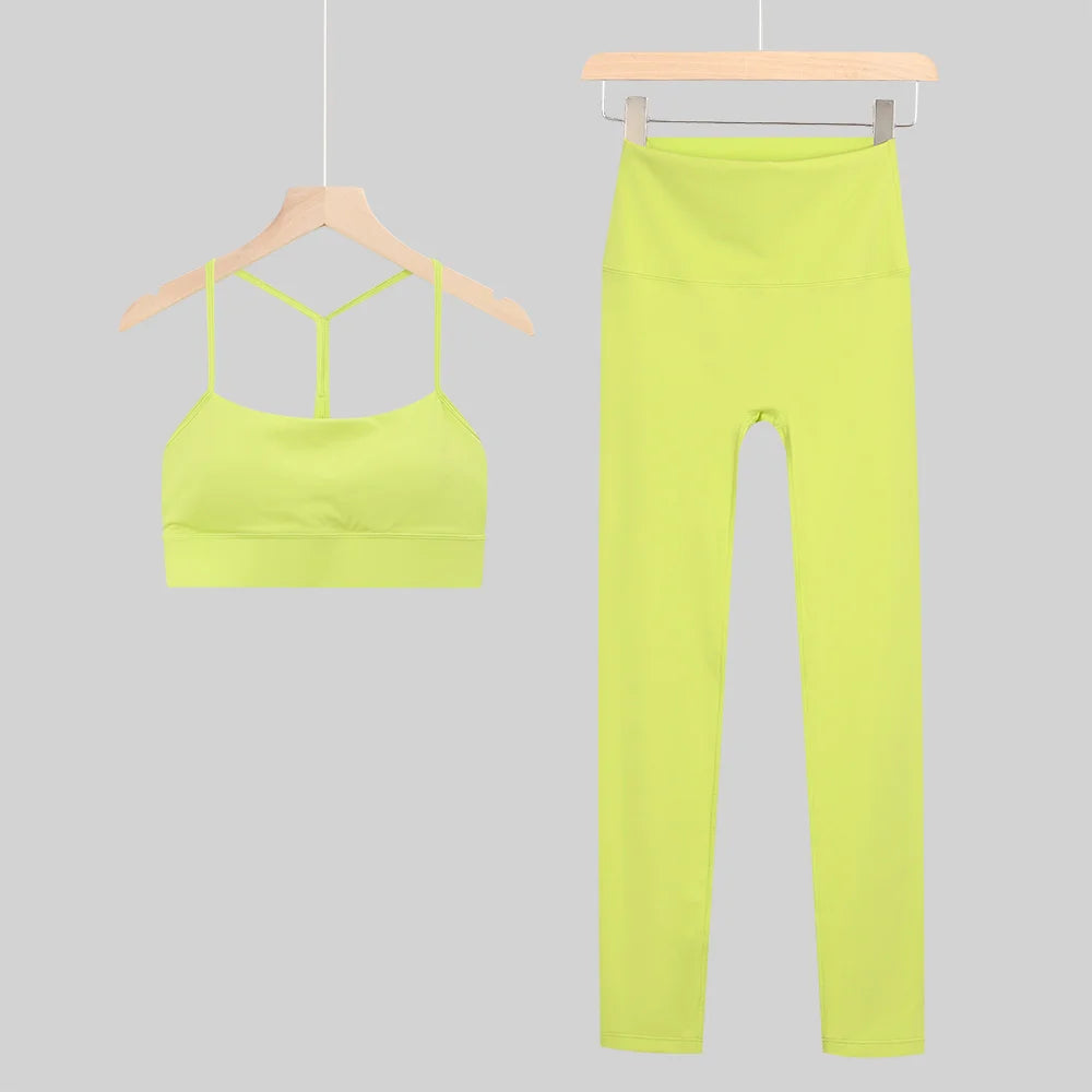 New Yoga Women Vest Gym Top Y-shape Bra Set Comfortable Running Fitness Cropped Pants Sportswear