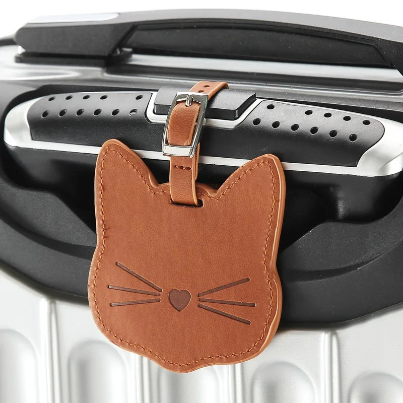 Cute Cat PU Leather Luggage Tag Suitcase Luggage Label Baggage Boarding Bag Portable Name ID Address Holder Travel Accessories