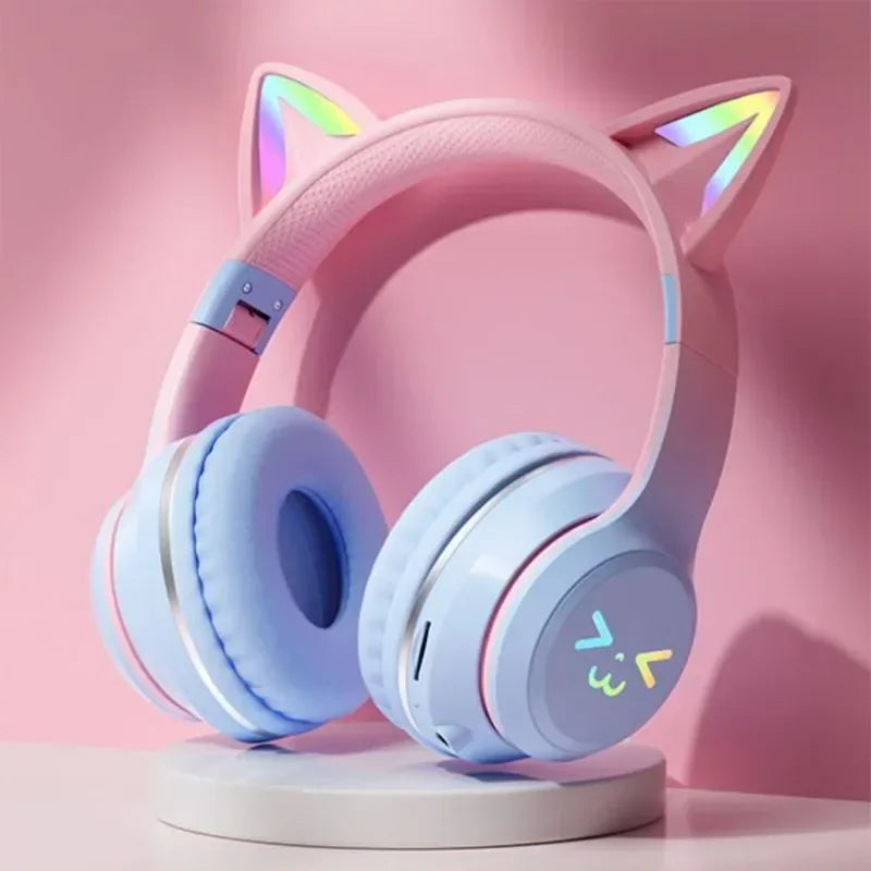 Pink Cat Ears TWS Earphone RGB Smile Face Gradient Headset Cute Gift For Little Girls Compatible With Any Smartphone