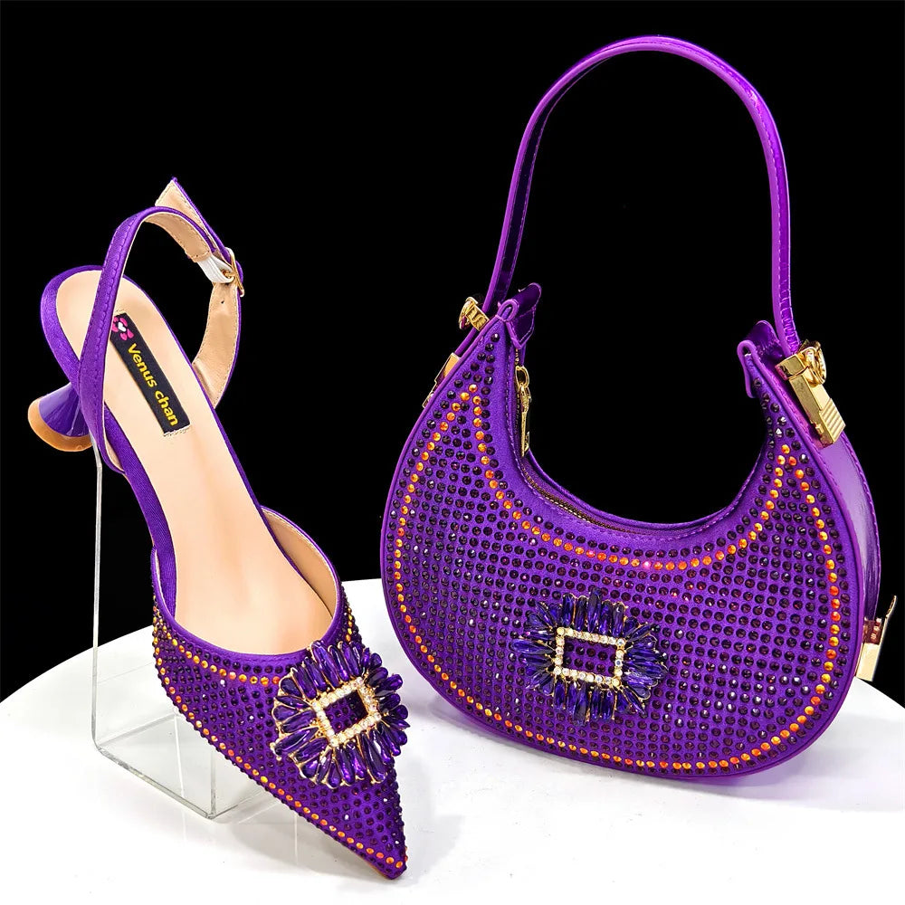 Ladies pointed shoe bag set, diamond buckle flower decoration, wine glass heel, with clutch bag (soft)