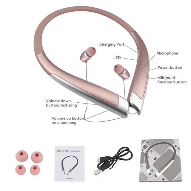 HBS-1100 Stereo Bluetooth Headphone Binaural Hand-free Neckband Earphones Fashion Mini Wireless Headset Binaural Mini Universal