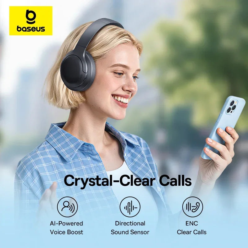 Baseus BH1 Lite ENC Wireless Headphones Bluetooth 6.0 Clear Call Headsets Super Bass Hit Earphones 80H Playtime Over Ear Headset