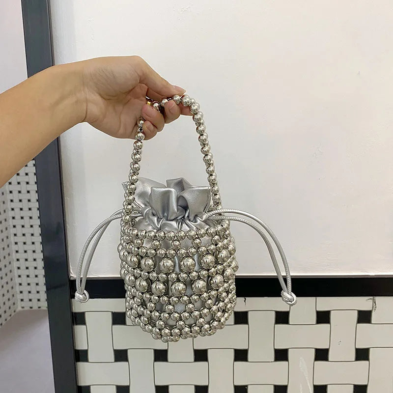 Tote Bag Trending Black Pearl Bucket Stone Purse Woman's Wedding Evening Handbag Purse