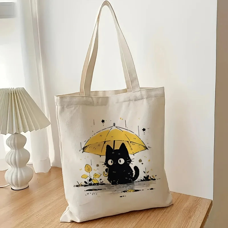 Women Canvas Baguette Bag 1 Pack Cute Cat Pattern Handbag Tote Reusable Shopping Bag Multifunctional High Capacity Printed Storage Bag Gift for Cat Lovers Holiday Birthday Present