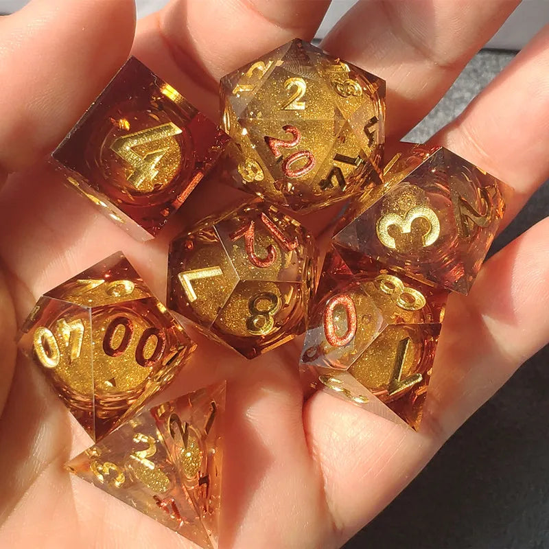 MINI PLANET Gold Sand Liquid Core Dice D&D Set Handmade Polyhedral Resin Dice With Sharp Edge For TRPG DND D6 D20 Dice Games