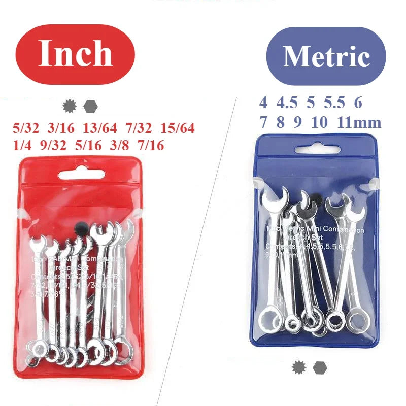 New 10 Pcs Mini Open End Wrench 4-11mm Metrci / Imperial Standard 45# Steel Double End Ratchet Wrenches Mini Combination Spanner
