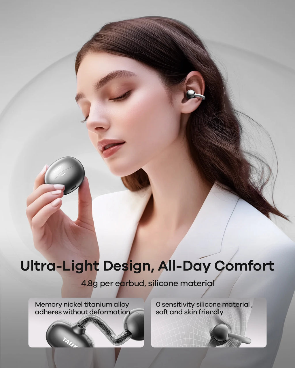 TALIX Ultra Open Ear Earbuds X6 Clip-On Headphone with Directional Sound Ultra-Light Comfort Fit 40H Playtime Spatial Sound