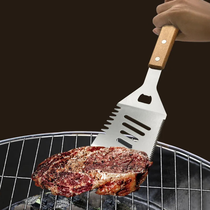 Outdoor Camping Barbecue Tool Combination Wooden Handle Fork Shovel Clip BBQ Accessories Cloth Bag Stainless Steel Grill Set