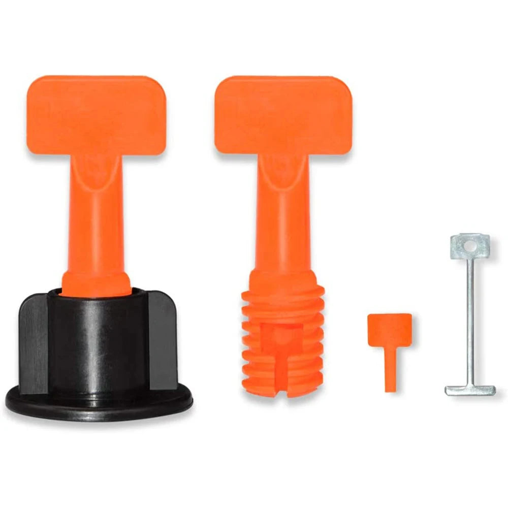 Reusable tile leveling system, 100 tile leveler gaskets, 100 2mm tile gaskets, 2 wrenches and 100 replaceable spare steel pins