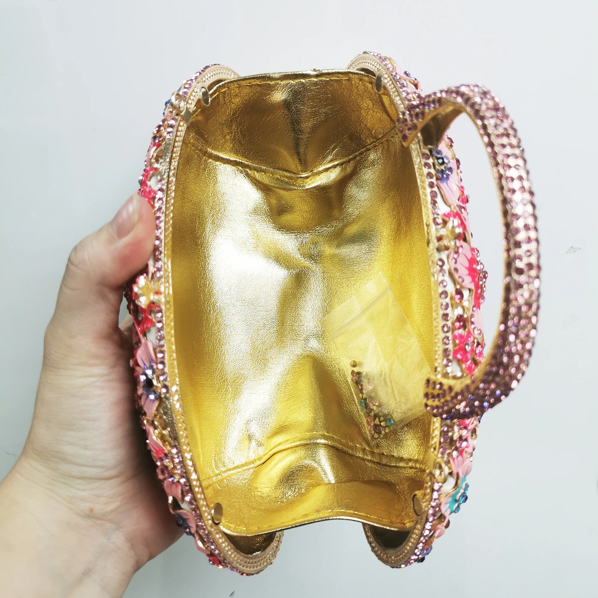 WHTUOHENG Women's Rhinestone Embellished Flower Leaves Basket Clutch Bag Luxury Diamond Evening Purse Crystal Bridal Handbag